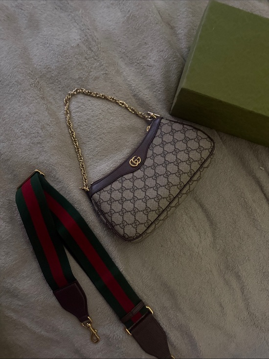 Gucci Handbags - Gucci Beige/Brown GG Supreme Shoulder Bag with Green/Red Web Strap